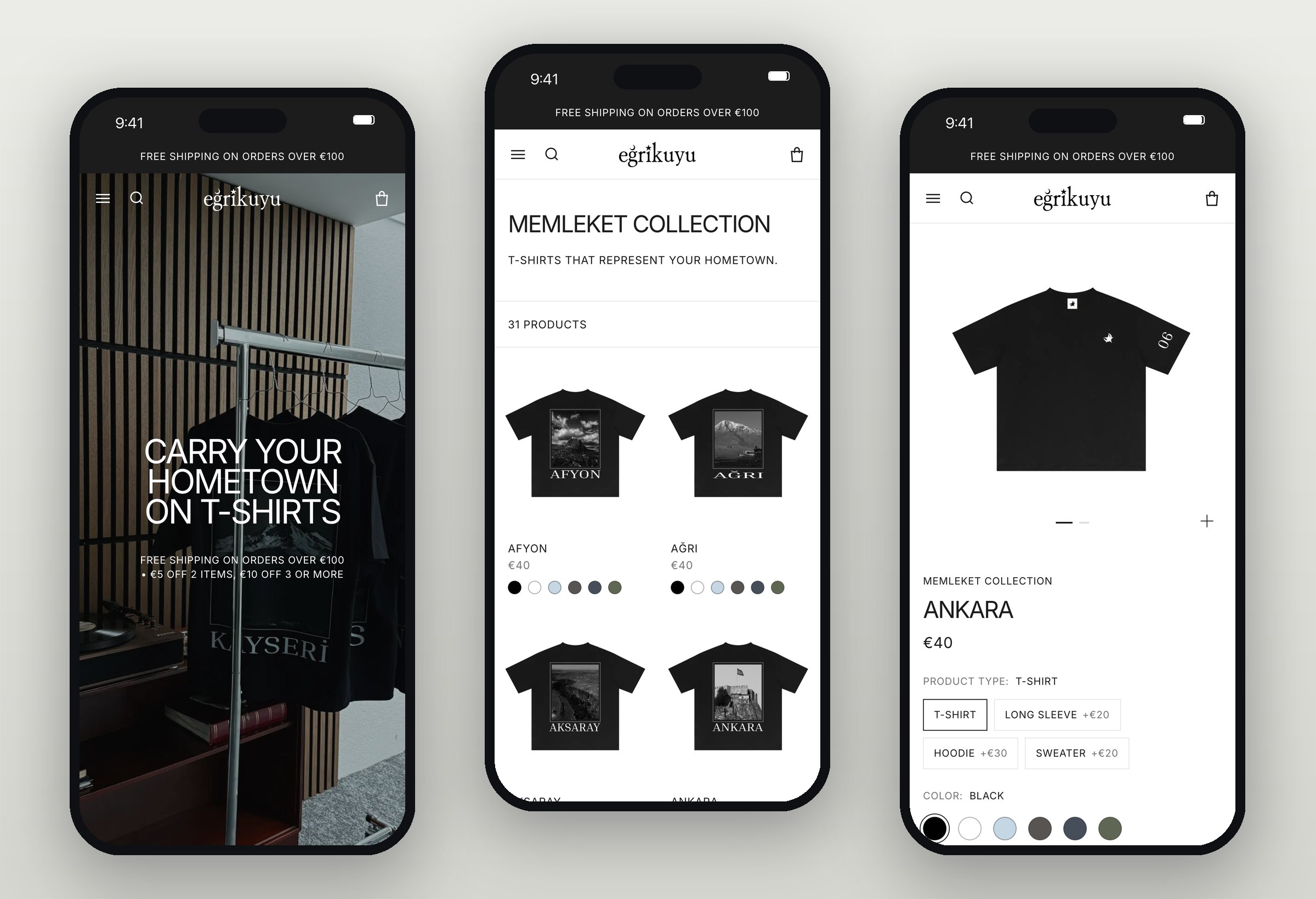 Drie mobiele schermen van eğrikuyu: homepage, Memleket-collectie en productpagina