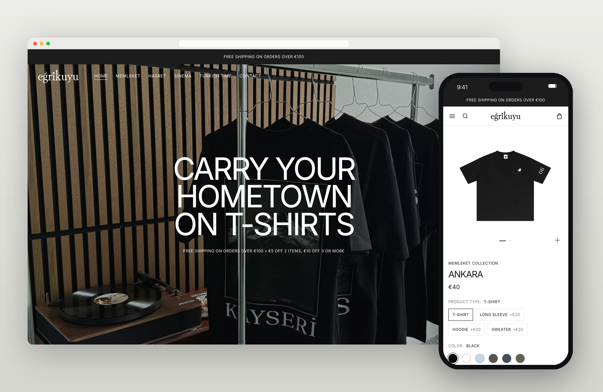 eğrikuyu homepage op desktop en een productpagina op mobiel