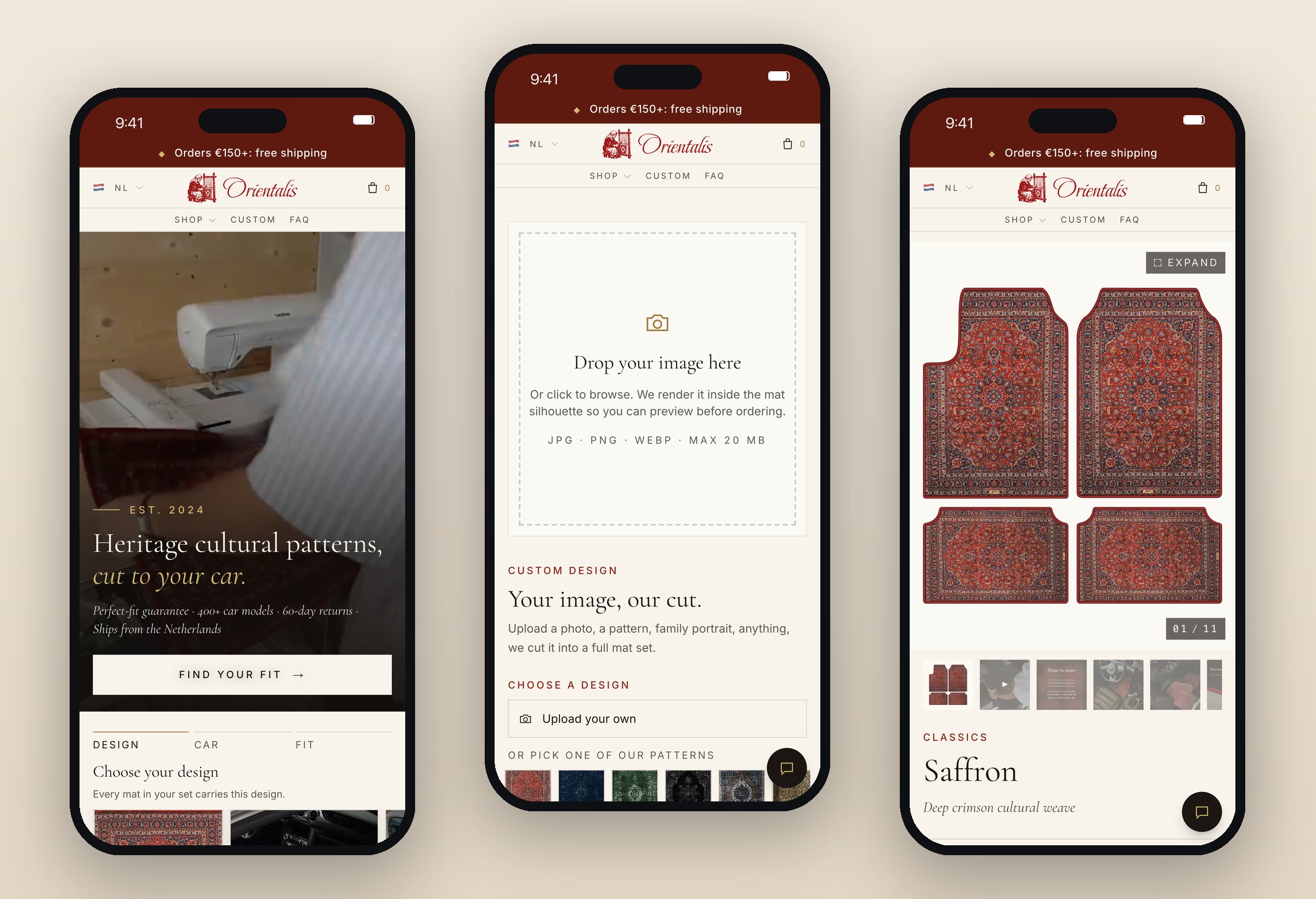 Drie mobiele schermen van Orientalis: homepage, eigen ontwerp uploaden en productpagina