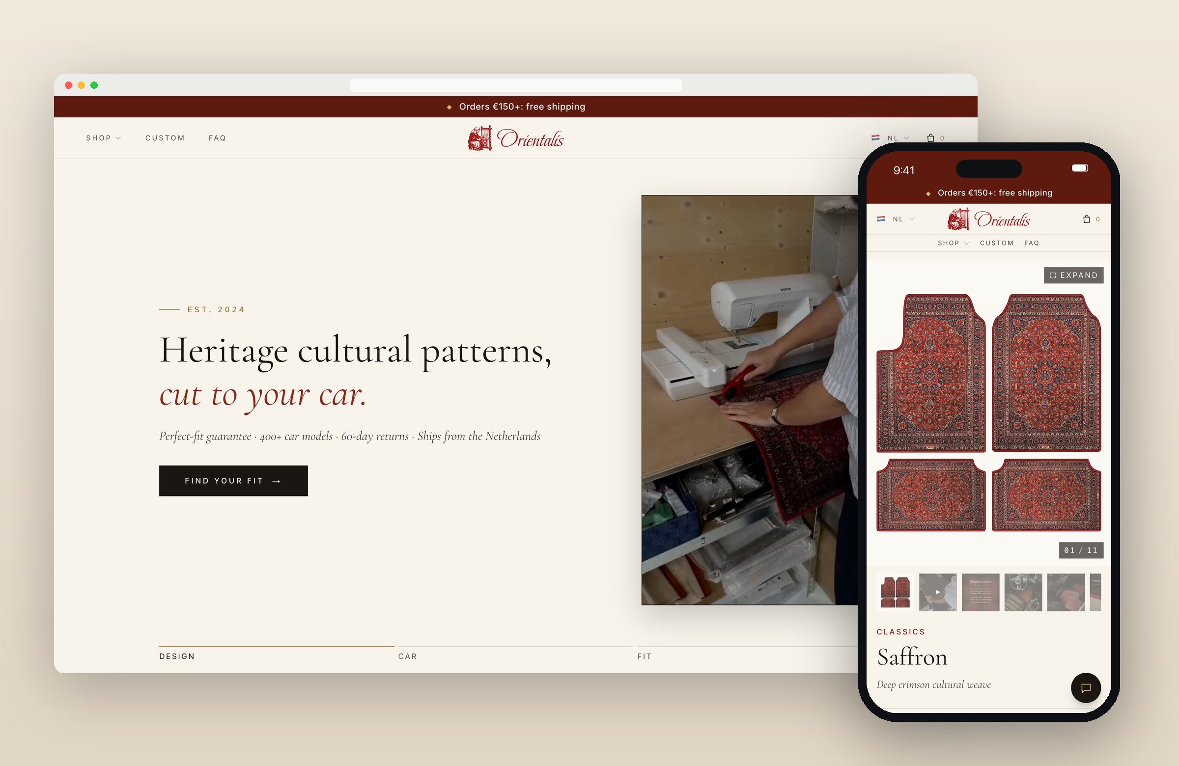 Orientalis homepage op desktop en een productpagina op mobiel