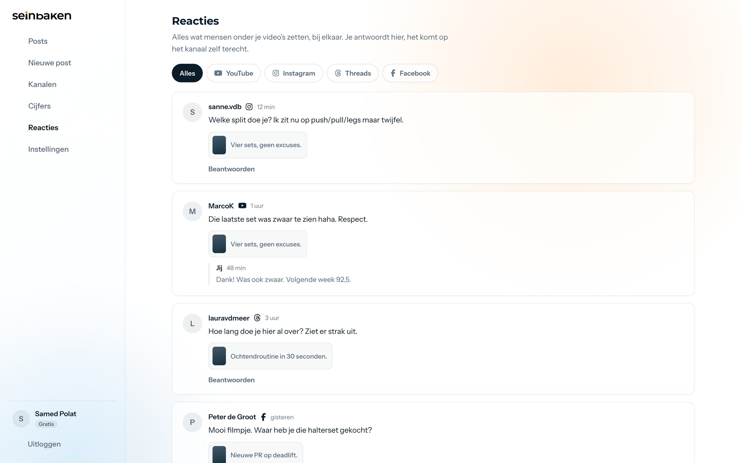 Reacties van alle platformen in de Seinbaken-webapp