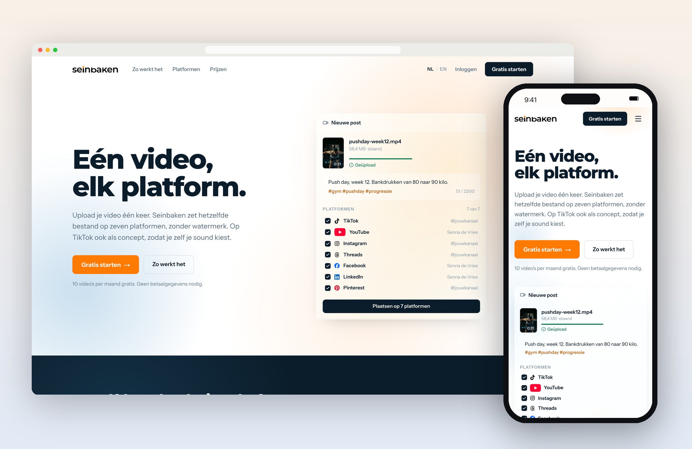 Seinbaken-website op desktop en mobiel